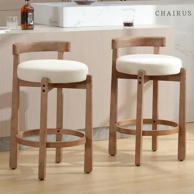 CHAIRUS 26.5-Inch Modern Low Back Armless Barstool - Soft Cushioned Stool with Linen Upholstery, Curved Back, Footrest, Solid Wood Legs, Floor-Safe Pads, Fits Home Bar, Dining, Assembly Required
