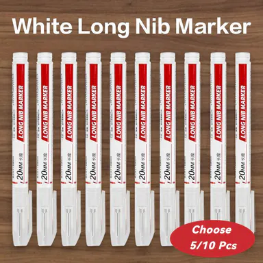 High-Quality White Plastic Body Deep Hole Marker Pens - 5/10 Pcs Optional, 20mm Nib, 14cm, Waterproof Quick-Dry Office Stationery for Carpenters, Furniture Decoration, Marks Wood/Metal & Smooth Surfaces (Shake Before Use), Long Nib Markers