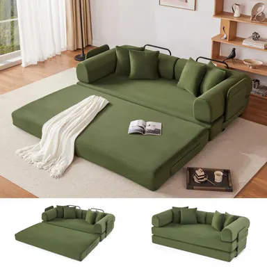 【1-2 Packages】79-118\" Convertible Sleeper Sofa Bed with 4 Pillows, 5-in-1 Corduroy Futon Couch for Small Spaces, Boneless Couch Floor Modular Sofa with Fixed-Shape Frame, For Guest Bed & Kids Play Area with Washable Cover,teddy sofa for Adults,No-Assembly