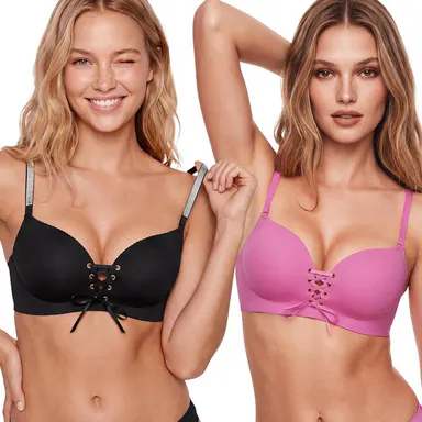 LUCKMEEY Drawstring Push Up Bra for Women | Wireless Lace Up Front Bra with Adjustable Lift & Enhanced Cleavage, Padded Comfort Bra for A B C Cups, Deep V Plunge Bra for Everyday Wear