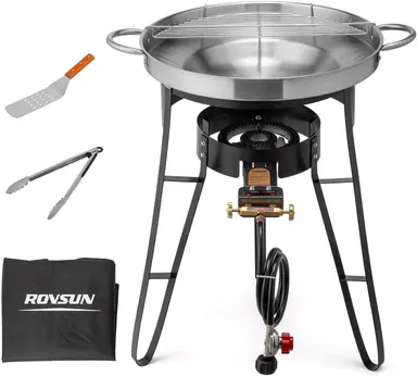 ROVSUN 23" Concave Comal Set with 80,000BTU Propane Stove,disco para cocinar discada, Stainless Steel Discada Disc Cooker with Burner Stand for Backyard & Outdoor Cooking, Taco Para Cocinar Carnitas Tortillas Stir Fry Work