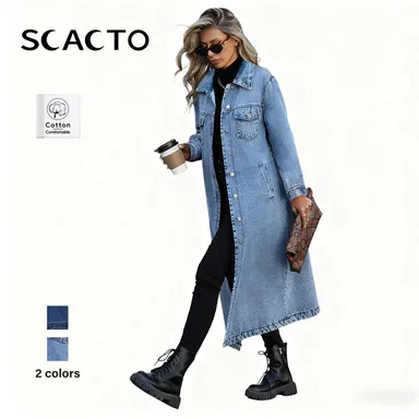 Scacto Women's Classic Long Cotton Denim Trench Coat - Collared Button-Front Long-Sleeve Outerwear for Elegant Basic Outfits, Back to School & First Day of School Looks