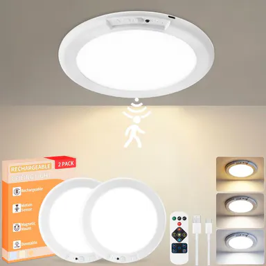 GIVRYES Rechargeable Plastic LED Ceiling Light Fixture 2-Pack, 3 Cool/Warm/Neutral Color Modes, Motion Sensor with Remote, Wireless Magnetic Battery-Operated, 50-100% Dimming, Auto Shut-Off, Charging Port for Closet, Porch