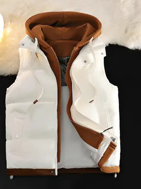 Menswear Tops Couples' Hooded Warm Vest - Fashionable Mock 2-Piece Design, Thickened Polyester Fiber, Fitted, Foldable, Outdoor Casual Warm, Machine Washable, Formal Waistcoat, Beige, Ivory White