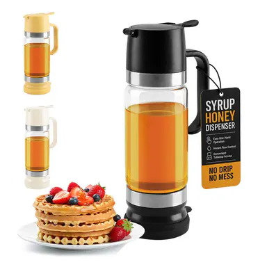 Aelga 12 oz Honey Dispenser No Drip with Base, 2026 Upgrade   Mess Free Syrup Dispenser for Coffee or Tea, Glass Honey Jar Pot with Handle, Black,sohochic sohochic