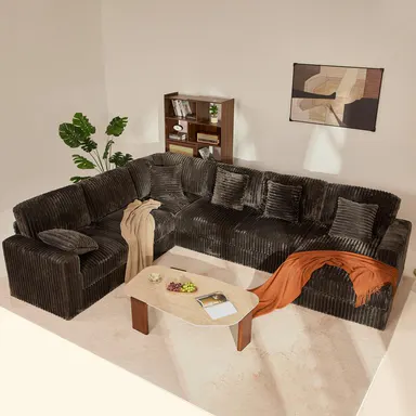 GOSUHI | 139\" Modular Sectional Queen Sofa, 7-Seater Corduroy Couch with Pocket Spring Seating, Deep Seats, Right Facing Chaise, SohoChic