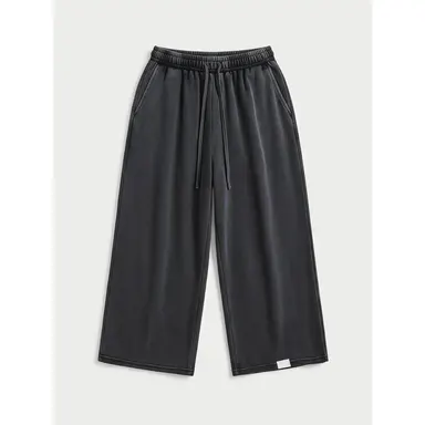 Drawstring Waist Workout Sweat Shorts Wide Leg Baggy Washed Cropped Pants with Pockets