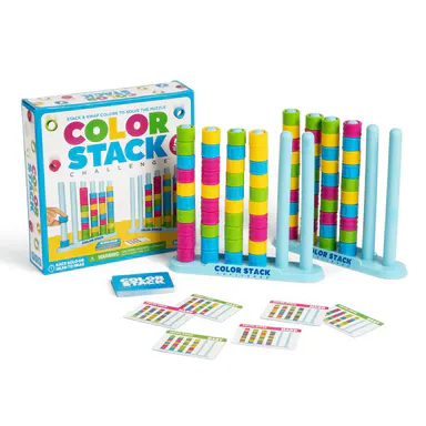 Color Stack Challenge by Relatable – A Fast-Paced Color Matching Puzzle Game for Fun Parties and Family Game Night. Includes 2 Stack Racks, 50 Challenge Cards, 80 Rings & Instructions