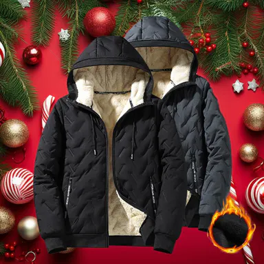 2026 New Chic Men's Hooded Cotton Jacket - Fitted Cut, Long Sleeve, Fleece Lined, Waterproof Windproof, Unique Texture, Ultrasonic Cotton Toothbrush Design, Zip Up Winter Essential Plain Tops