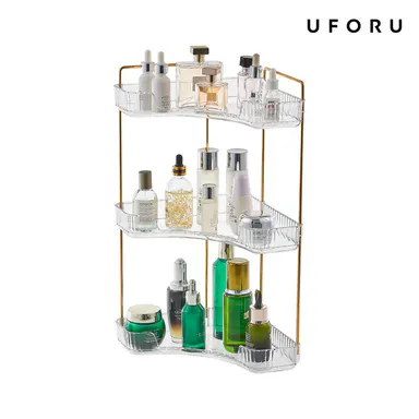 UFORU 3-Tier Plastic Corner Bathroom Counter Storage Organizer, Smooth Bathroom Accessory with Gold Metal Pole for Cosmetics, Perfumes, Skincare - Home Accessory for Vanity Kitchen, Transparent