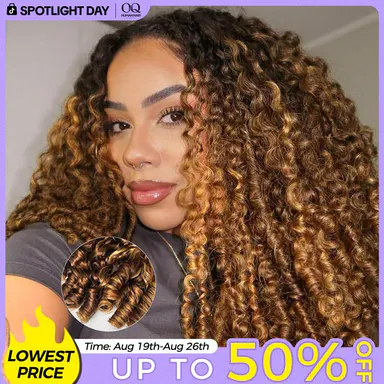 [3 In 1 Half Wig] Burmese Curly Highlight 4/27 Color Wear Go Half Wig With Elastic Drawstring 250% Density Flip Over Wig Human Hair #SohoChic #TikTokShopBackToSchool