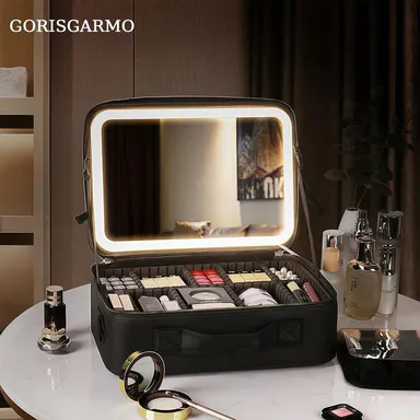 GORISGARMO Travel Makeup Bag with LED mirror Cosmetic Bag Adjustable Dividers, Makeup Organizer Bag with Lighted Mirror 3 Color Scenarios Adjustable Brightness,Waterproof, Professional Cosmetic Artist Organizer.Perfect Christmas Gift For Friend & Family.