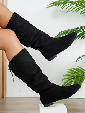 Women's Knee-High Low Heel Fashion Boots, Heeled Knee Boots, Comfortable for Walking, Unique Ruched Design, Casual & Mature Style, Winter Long Boots, Back Drawstring Detail