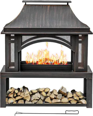 Outvue 39\" Antique Bronze Square Wood Burning Fire Pit - 45.66in Rust-Resist Steel Outdoor Fireplace with Wood Storage, Chimney for Less Smoke Around, Spark-Safe Mesh Screen, Fire Poker, Elegant Tower Adds Warmth for Garden Cleanup