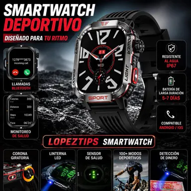 LOPEZ TIPS SMARTWATCH Ultimate Outdoor Smartwatch for Men LED Flashlight UV Money Detector Compass Altitude Sensor Alloy Rugged Case Sports Fitness Modes