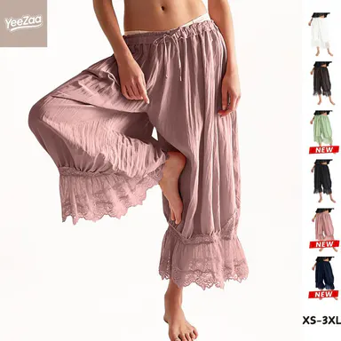 YeeZaa  Lace Bloomer Pants 4th of July Holiday for Women Capri Yoga Pants Y2k Elastic Waist Lace Patchwork Pettipants Ruffle Long Going Out Streetwear Lightweight Flared Slips Pants Pajama Bottoms 2026 Spring Summer Fashion Forever Young Bloomer Pants