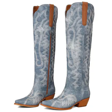 EROCALLI Women's Western Cowboy Chunky Heels Boots Knee High Vintage Style  Piont-Toe Embroidered Pointed Toe Cowgirl Boots with Intricate Pattern Side Zipper Boots for Casual Festival Daily Wear Fashionable Durable Footwear fall shoe shopping summerwins,