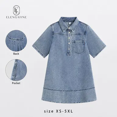 Women's Casual Short Sleeve Shirt Dress, A Line Swing Mini in Breathable Cotton Denim or Leopard Print