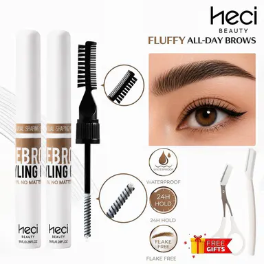 HECI 2-PCS Eyebrow Styling Gel - Strong Hold Waterproof, 2-in-1 Dual Brush, 24H Fluffy, Flake-Free & Non-Sticky, Long Lasting Enhancer, Cruelty Free Beauty Products, Gel Eyebrows, Definer Brow Makeup Products Brow Gel Duo Brow Definer Eyebrow Styling Kit