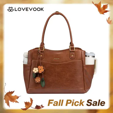 LOVEVOOK 15.6in Leather Laptop Bag for Women with Large Cup Holder, Vintage Work Tote Bag for Office & Travel, Features a Floral Charm，Thickened Compartment for Computer Protection, Back Zip Pocket,Elegant Design for All Occasions,TikTokShopBackToSchool