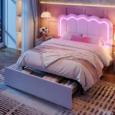 MUTIOCR Velvet Upholstered Bed Frame with Smart LED Lights Large Storage Drawer Adjustable Wavy Headboard No Box Spring Needed Twin Full Queen Sizes White Black Cream Pink