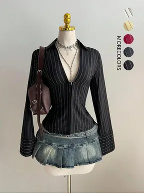 Elegant Women's Striped Waist Cinching Irregular Hem Slimming Short Shirt Top, Versatile Stylish Blouse for Casual Wear