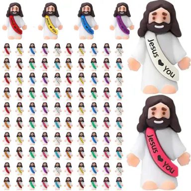 50/100PCS Mini Rubber Jesus Figures, Multicolor Original Design \"Jesus Loves You\" Hide and Seek Toys, Religious Decor Ornaments for Desk Room Decor, Father's Day Easter Christmas Party Favors, School