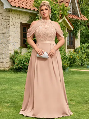 【Plus Size】MISSMAY P25636A Women's Plus Size Sequin Lace Halter Maxi Dress with Cape Sleeves, Formal Evening Party Attire for Valentine's Day,summeroutfits,vacationoutfits,beachoutfits Bride Elegant