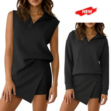 [HOT] Fisoew Women's 2-Piece Athleisure Outfit Sleeveless Half-Zip Sweatshirt & Long-Sleeve Skort Fitted Sportswear Set Casual Set Sports Clothing SohoChic