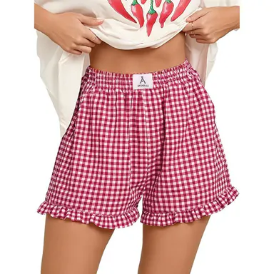 ANRABESS Womens Shorts Summer Casual Lounge Sleep Plaid Ruffle Boxer Shorts Pajama Gingham Beach Bottoms Pockets 2026 Trendy