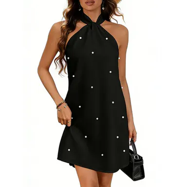 HYZ Women's Pearl Beaded Halter Twist Sleeveless Tie Back Dress A Line Dress