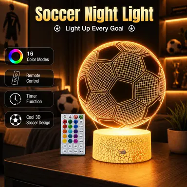 3D Optical Illusion Soccer LED Night Light Desk Lamp - Remote & Touch Controls, USB Powered, Fun Cool Gadgets, Household Items, Led Lights Bedroom Decor, Teenage Boy Gifts for Kids' Bedrooms or Holidays, Cool Stuff For Room