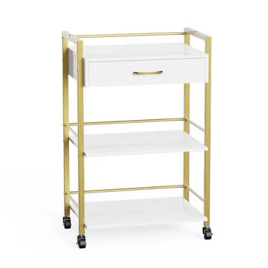 Salon Trolley Cart with Wheels, Wooden Rolling Storage Station, Mobile Utility Cabinet with 1 Drawer 2 Trays, Medical Esthetic Supply for Beauty SPA Massage Tattoo Facials