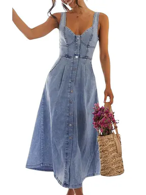 utcoco Women's Jean Midi - Slim-Fit Sleeveless Button-Down Stylish Women's Wear for Brunch Outfit Ideas & Western OOTD, Buttoned Dress, Casual, Women's Clothes