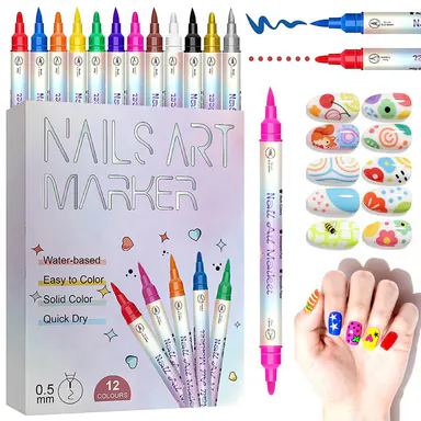 12-Color Dual-Tip Nail Art Pens Set - Upgraded Design Markers, Non-Toxic Quick-Dry 0.5MM Polish Pens with Dotting Tools, for DIY Manicure & At-Home Salon Use, Nail Care Gift for Girls,sohochic