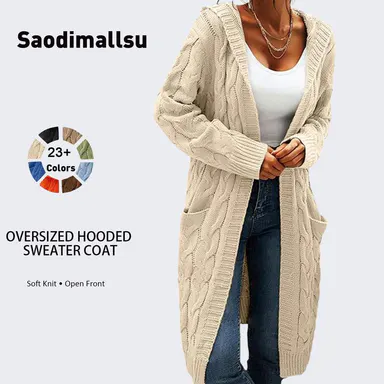 Saodimallsu Lady's Cozy Cable Knit Acrylic Long Sleeve Hooded Open Front Cardigan - Women's Warmer Basic Tops, Lightweight Solid Color Knitwear