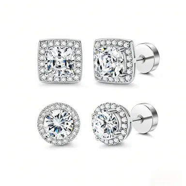 Women's Luxury 4-Pack Zircon Stud Earring Set - Gold/Silver, Round/Square Styles, Hypoallergenic Fit, Everyday Wear, Matching Backs, Complimentary Box - Accessories for Women, Premium Gifts, Gemstone stud earrings, Jewelry For Women