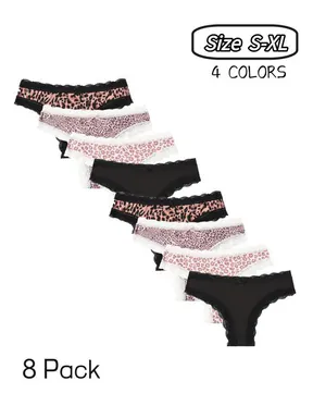 Women's Fashion Leopard Print Lace Low Waist Thong Panties, Romantic Bow Design, Comfortable Breathable Daily Underwear, 8 Pack, Comfy Breathable Panties, Breathable Knickers, Bow Decor Panty