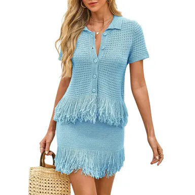 Fisoew Women's Crochet Knit 2 Piece Set, Short Sleeve Button Top with Matching Fringe Skirt, Summer Vacation Beach Cover Up, Shortsleeve, Women's Fashion, 2 Piece Sets, Two Piece Set, 2 Piece Sets Women