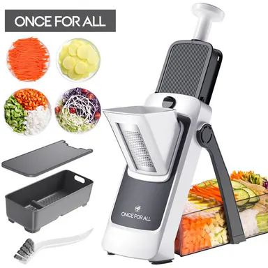 【ONCE FOR ALL 】HomeEssentials, 4th generationJS04 Upgrade Safe Mandoline Slicer Plus Adjustable Vegetable Food Chopper with Detachable Blade 420 Stainless Steel Blades Easy Clean Kitchen Tool Gift chopping helper quick cheese grater, Fruit Vegetable Slice