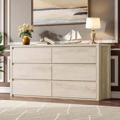 6-Drawer Dresser for Bedroom, Wide Handle-Free Wood Chest, Modern Storage Cabinet for Living Room, Hallway, Entryway