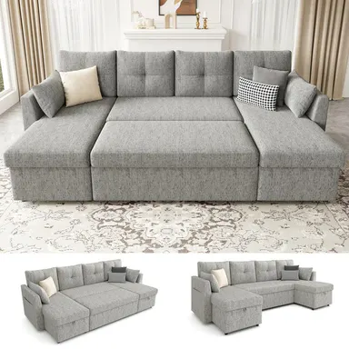 【2-3 Packages】 Oversized Sleeper Sofa Couch, 106 inch 2 in 1 Pullout Couch Bed with Double Storage Chaise, Sectional Sleeper Sofa Bed with Side Pocket for Living Room