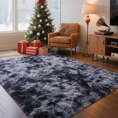【Back to School】PLUMLIK Blue Grey Area Rugs For Living Room Bedroom, Upgrade Non Slip Fluffy Soft Shag Carpet, Kid And Pet Friendly, Rugs With 4 Stickers, Indoor Floor Shaggy Plush Rug silky, Esthetic Decor, Gift For Father's Day, Dry Clean Only