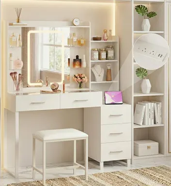 Vanity Desk with Mirror and LED Lights, 57.5\" Makeup Vanity with Glass Top, Vanity with RGB Drawers, Power Outlet Safety Switch for Bedroom, White