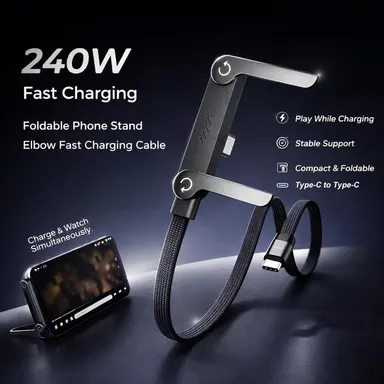 Invisible Stand Type-C Charger Cable - 240W Super Fast Charging 2-in-1 Electronic Cord with Cellphone Holder for Mobile Devices, Car Accessories, Gaming, Office