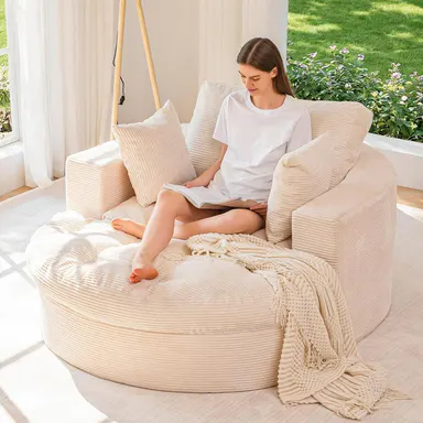 MAXYOYO Oversized Round Chaise Lounge Sofa, Upholstered Lounge Chair with 3 Pillows, Boneless Sofa Couch with Ottoman, Deep Seat Sleeper Chair for Living Room, Bedroom, No Assembly, SohoChic