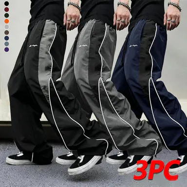 Men's high street style contrasting color splicing side striped tied wide-leg pants, American retro Los Angeles printed design loose drape sweatpants, multi-color optional thin casual pants are suitable for spring and summer wear