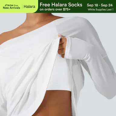 Halara One Shoulder Long Sleeve Thumb Hole Curved Hem High Low Quick Dry Yoga Sports Top-Built-in Bra