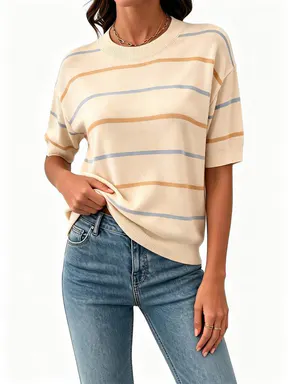 Shewin Women's Striped Knit Round Neck Shortsleeve Baggy Pullover - Ribbed Neck & Cuff, Casual Everyday Wear, Women's Clothes,back to school,back to school shopping, Tops For Women, Sweaters,clothes for back to school,first day of school outfits Womenswea