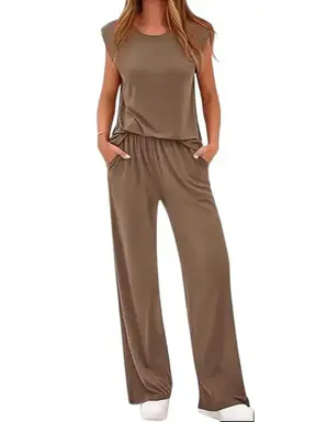 BTFBM 2-Piece Sets for Women Spring 2026 Casual Shoulder Pad Tank Top Wide Leg Pants Matching Set Travel Airport Outfits #Clearance